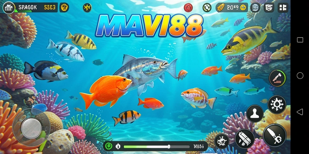 Screenshot gameplay AMAVI88 menampilkan aksi menembak ikan yang seru.