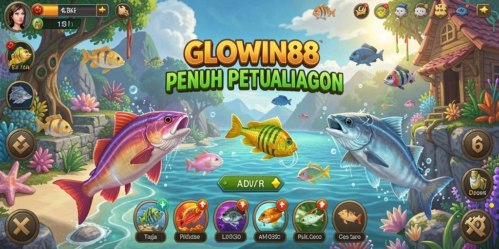 Screenshot GLOWIN88 menampilkan aksi seru memancing dengan berbagai ikan berwarna.