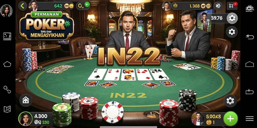 Screenshot gameplay IN22 menunjukkan suasana seru permainan Poker.