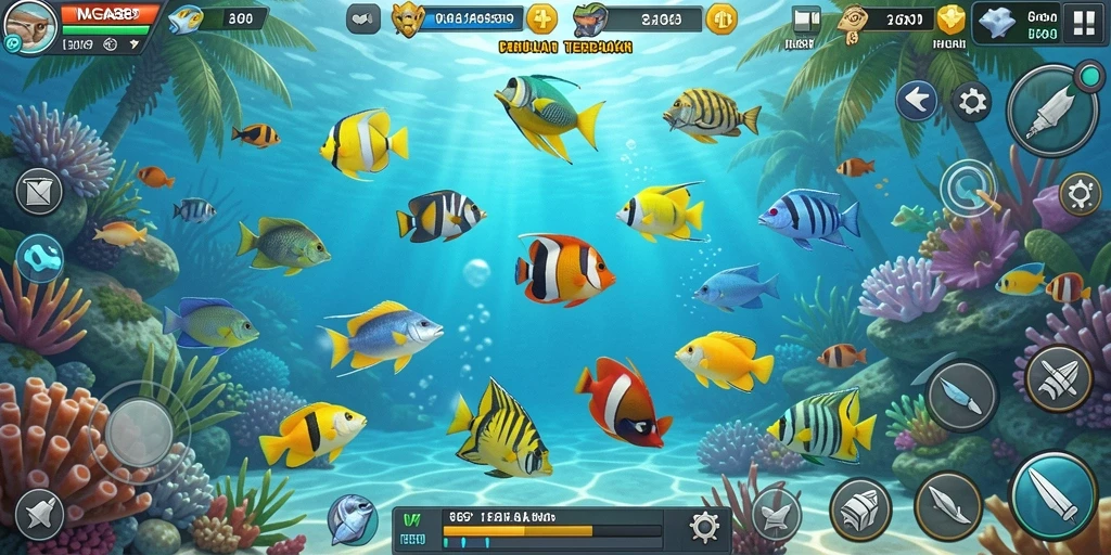 Tampilan gameplay NAGA889 dengan berbagai ikan dan senjata unik.