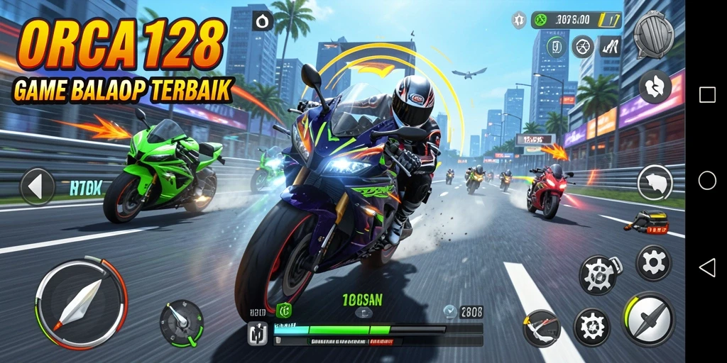 Tampilan gameplay balap motor yang mendebarkan di ORCA128.