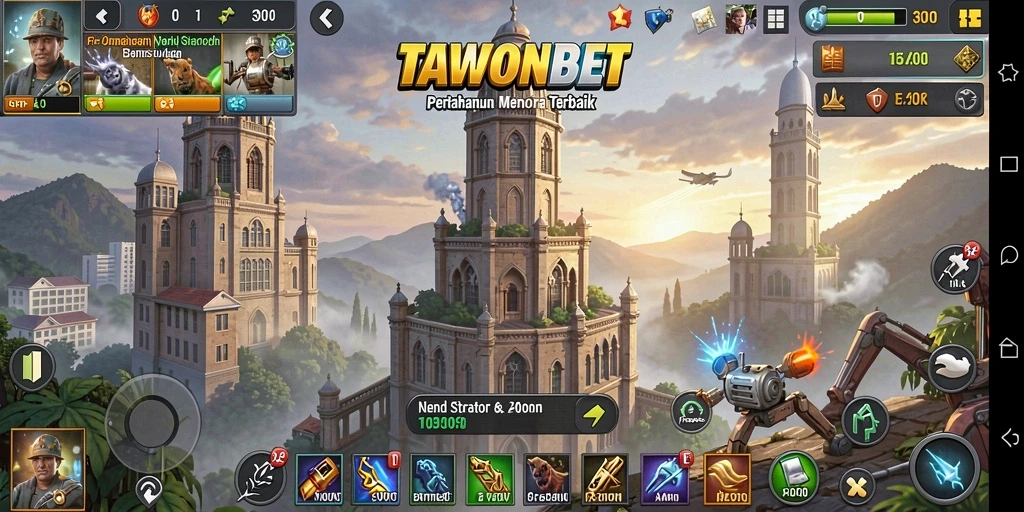 Tampilan gameplay seru dalam TAWONBET dengan strategi dan menara pertahanan.