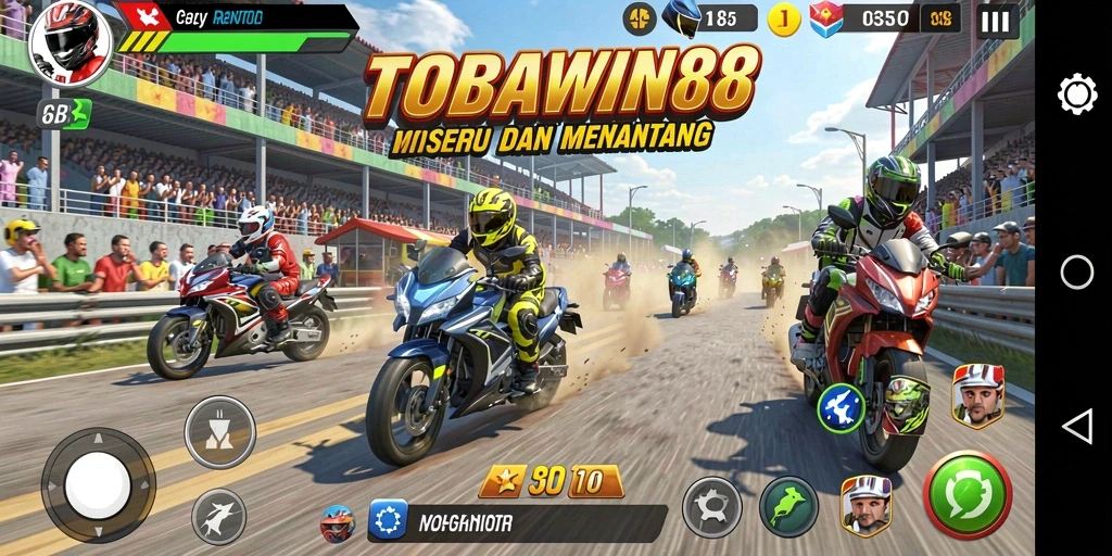 Gameplay mendebarkan di TOBAWIN88 dengan aksi balap motor yang intens.