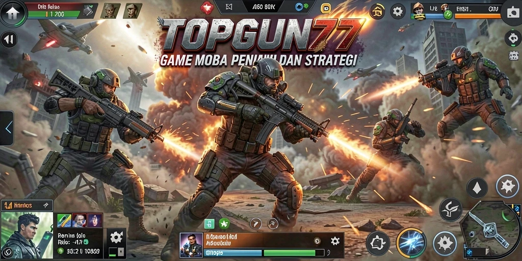 Tampilan gameplay seru dalam TOPGUN77 dengan aksi MOBA yang mendebarkan.